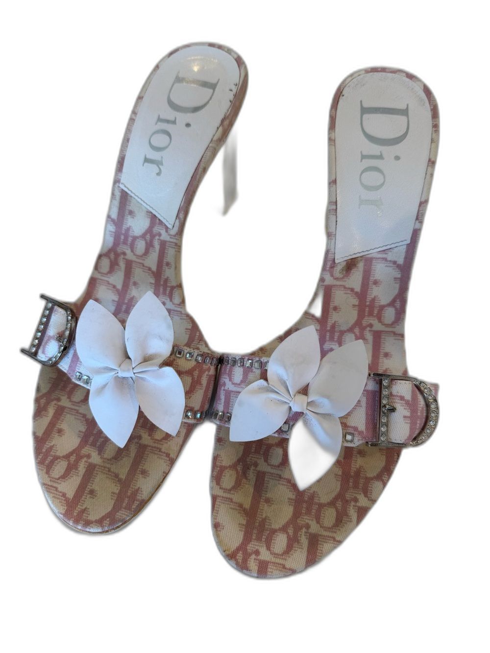 Dior Vintage Pink White Oblique Canvas Rhinestone Open Toe Heels Sandals EU 38
